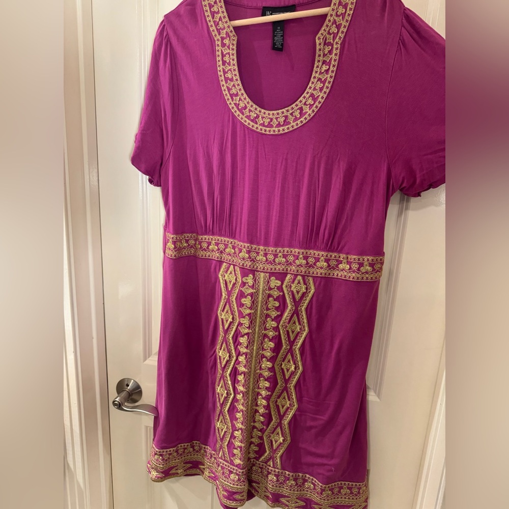 INC International Concepts Cotton Magenta dress with Gold Embroidery size 1x